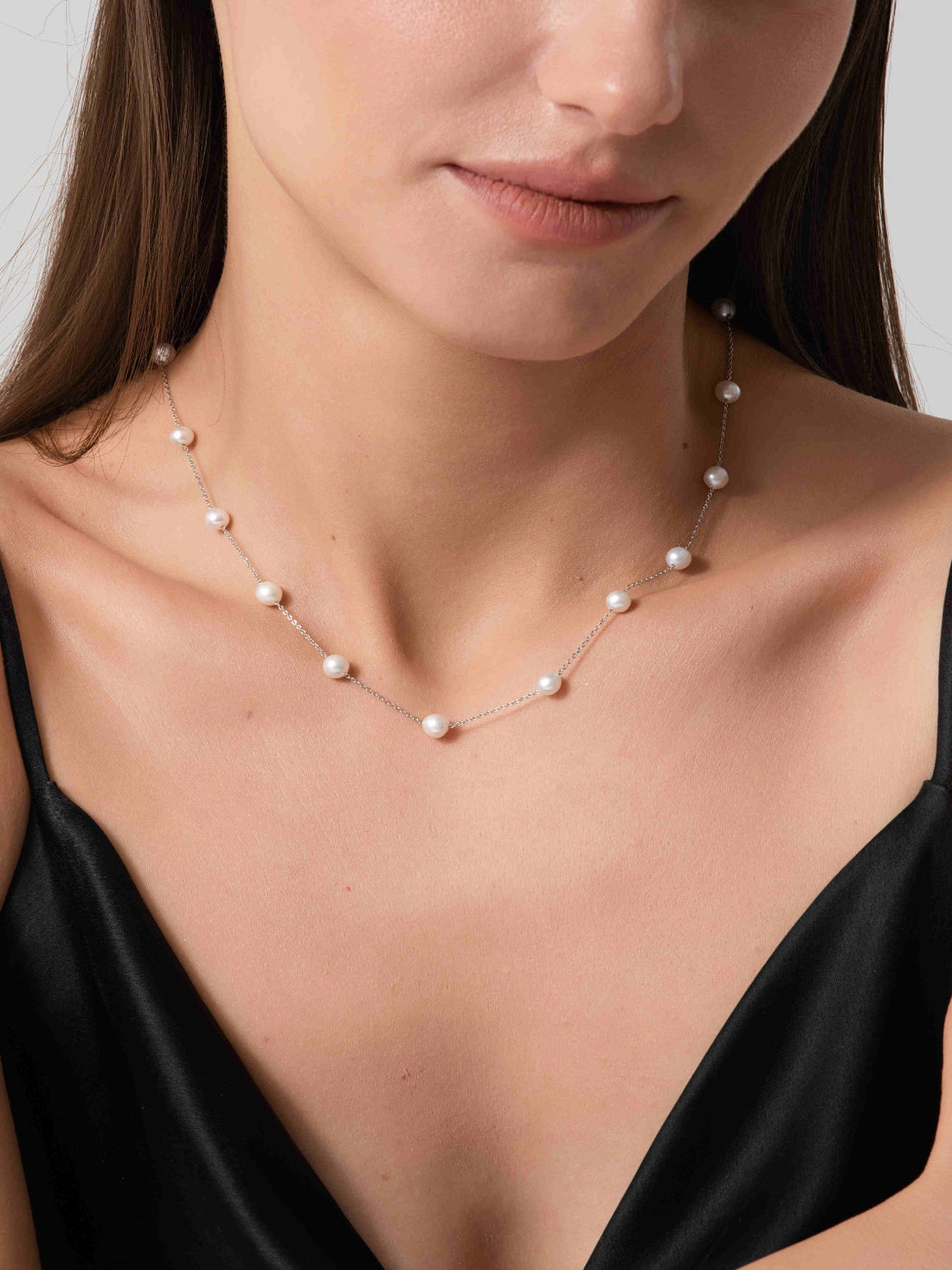 Silver Pearl Station Necklace