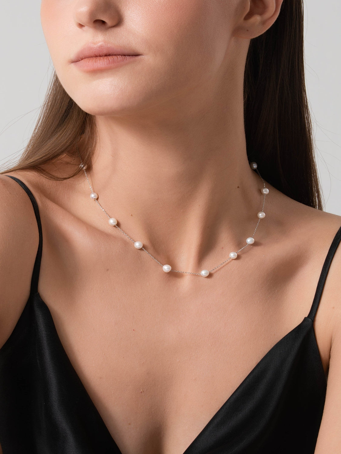 Silver Pearl Station Necklace