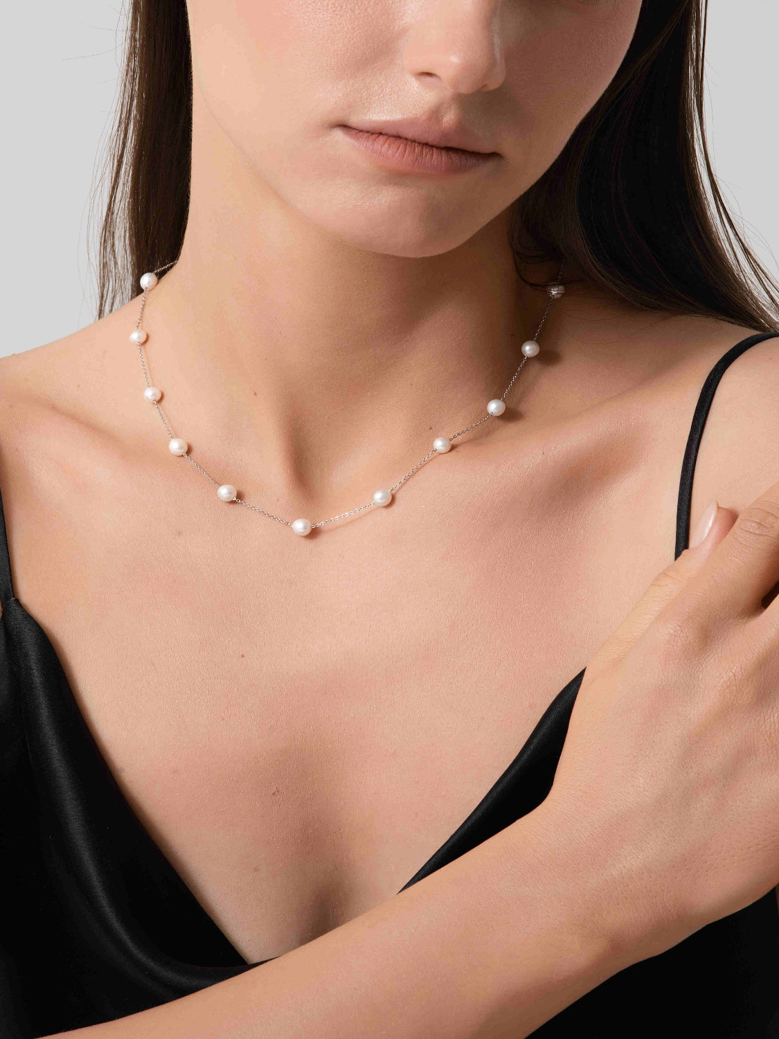 Silver Pearl Station Necklace